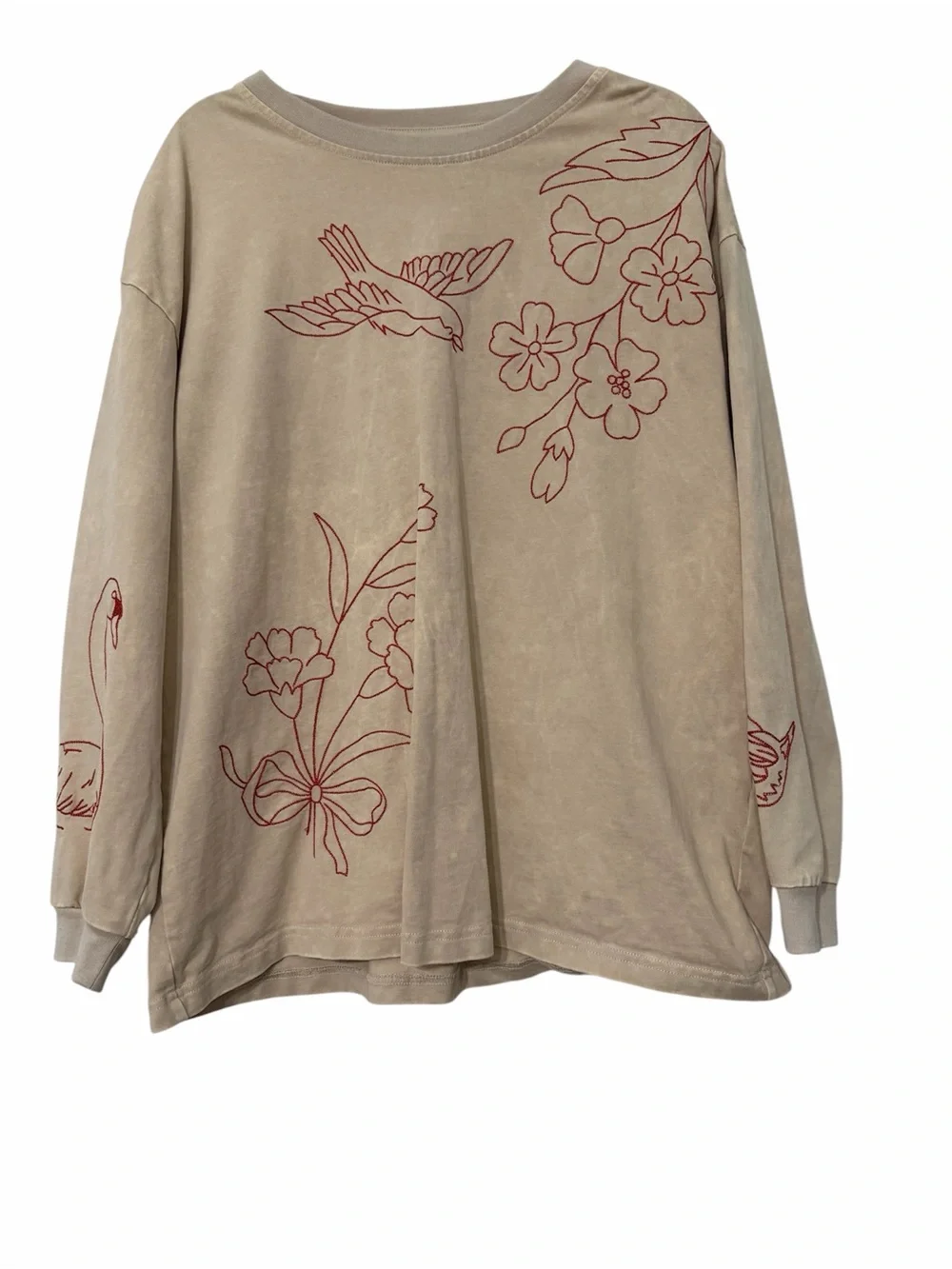 Free People Denim and Bone Swan Doodle Embroidered oversized crafty Medium - Picture 2 of 10